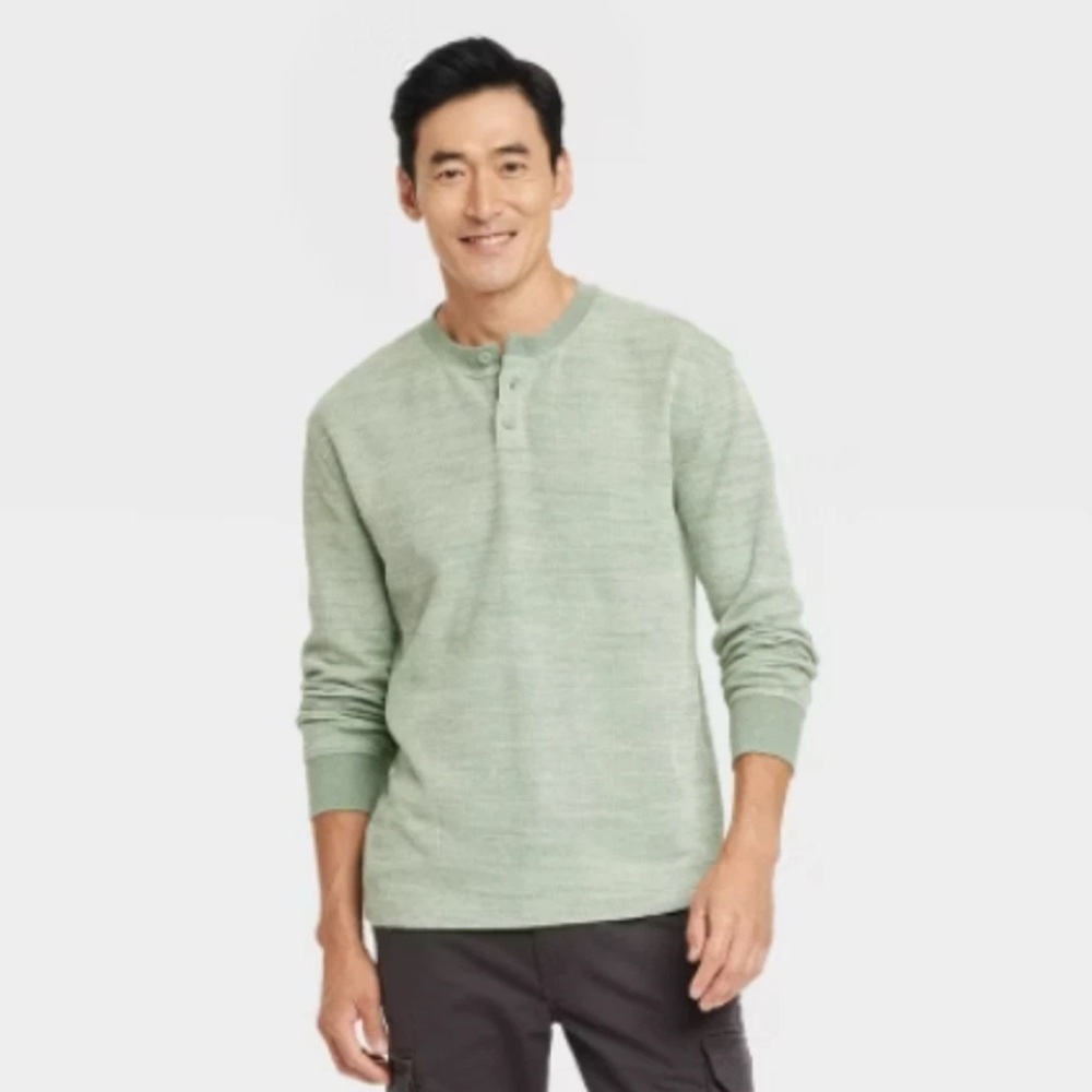 NWT Goodfellow & Co Men's Medium Sage Green Long Sleeve Textured Henley T-Shirt